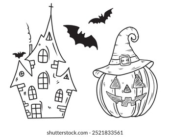 Temible casa encantada castillo iglesia con cruz murciélagos voladores y calabaza en un sombrero de bruja. Dibujado a mano ilustración de boceto de Vector en estilo de arte de línea vintage grabado doodle. Feliz Halloween