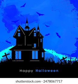 Scary Haunted House with Flying Bats on Blue and Black Background for Happy Halloween Concept.