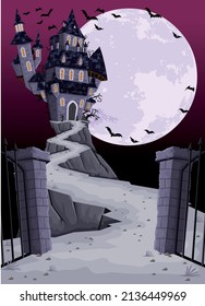 Scary haunted house with full moon. Halloween castle background. 
