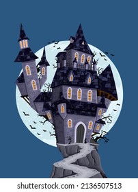 Scary haunted house with full moon. Halloween castle background. 

