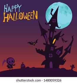 Scary haunted house with grim reaper walking and tombstones. Halloween background illustration