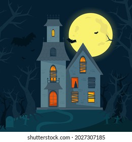 Scary haunted house, Halloween horror house. Vector illustration in flat style.