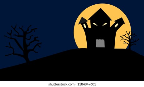 scary haunted house with lighting window in the dark night and full moon behind;  Halloween theme background.