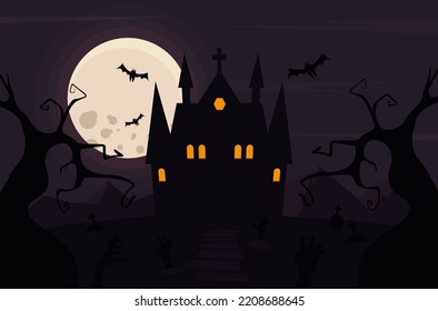 Scary Haunted House On Cemetery Hill Illustration