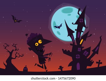 Scary haunted house and walking zombie. Halloween background illustration. Design for poster or party invitation
