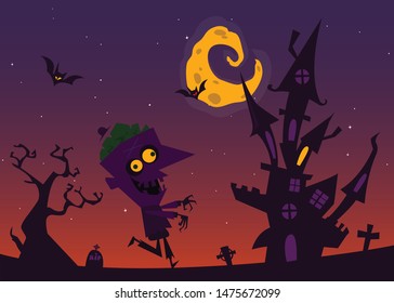 Scary haunted house and walking zombie. Halloween background illustration. Design for poster or party invitation