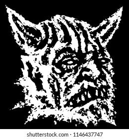 Scary head of horned demon with fangs. Vector illustration. Genre of horror. Scary monster character