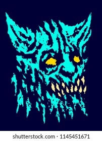 Scary head of horned demon with protruding fangs. Vector illustration. Scary monster character