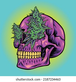 Calavera de cabeza atemorizante con ilustraciones de vectores de kush para el logotipo de su trabajo, camiseta de mercadería, pegatinas y diseños de etiquetas, afiche, tarjetas de felicitación compañía comercial o marcas