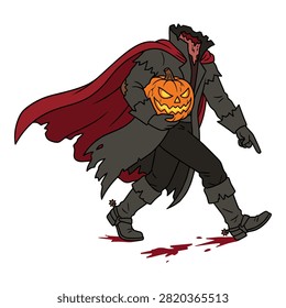 Scary headless specter walking in dark cloak carrying burning jack o lantern.