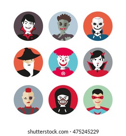 Scary heroes for Halloween. Flat cartoon icons set.
