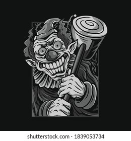 scary high clown halloween black and white illustration