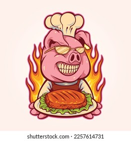 Scary hog chef meat bbq logo illustration vector illustrations for your work logo, merchandise t-shirt, stickers and label designs, poster, greeting cards advertising business company or brands