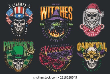 Scary holidays set vintage colorful flyers for Christmas party or Saint Patrick day celebration and skull Mardi Gras vector illustration