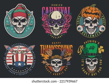 Scary holidays set vintage flyers colorful Saint Patrick day or Halloween and Christmas invitations with skulls in hats vector illustration
