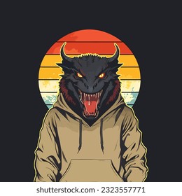 Scary Hoodie-Clad Dragon on Retro Sunset Background