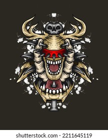 scary horned head illustration with open mouth