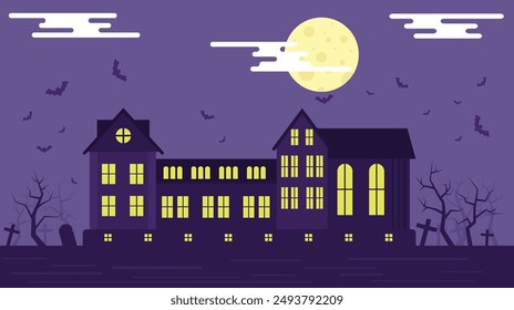 Scary Horror Castle at Night Flat. National seasonal holiday concept vector