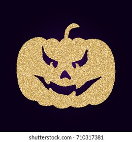 Scary horror face Halloween pumpkin gourd, Jack o lantern emotion expression, golden glitter shining texture vector illustration. Traditional Halloween scary face pumpkin cutting, holiday symbol.