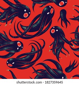 Scary horror monsters seamless vector textile pattern, beasts creatures endless wallpaper, stylish background for Halloween theme, funny picture.