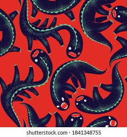 Scary horror monsters seamless vector textile pattern, beasts creatures endless wallpaper, stylish background for Halloween theme, funny picture.