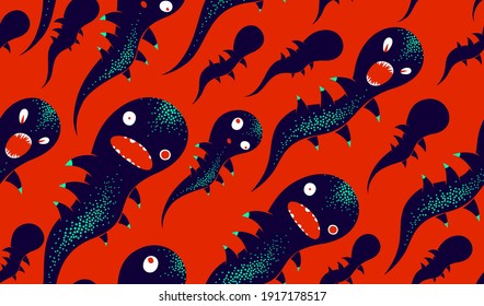 Scary horror monsters seamless vector textile pattern, beasts creatures endless wallpaper, stylish background for Halloween theme, funny picture.