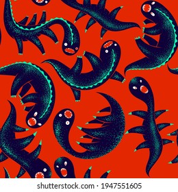 Scary horror monsters seamless vector textile pattern, beasts creatures endless wallpaper, stylish background for Halloween theme, funny picture.