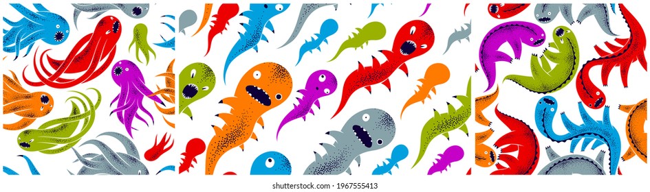 Scary horror monsters seamless vector textile pattern set, beasts creatures endless wallpaper, stylish background for Halloween theme, funny picture collection.