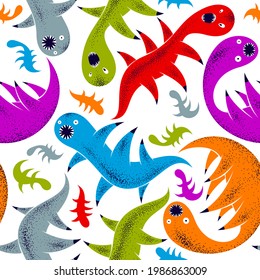 Scary horror monsters seamless vector textile pattern, beasts creatures endless wallpaper, stylish background for Halloween theme, funny picture.