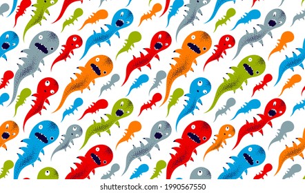 Scary horror monsters seamless vector textile pattern, beasts creatures endless wallpaper, stylish background for Halloween theme, funny picture.