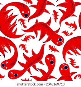 Scary horror monsters seamless vector textile pattern, beasts creatures endless wallpaper, stylish background for Halloween theme, funny picture.