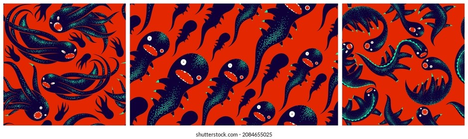 Scary horror monsters seamless vector textile pattern set, beasts creatures endless wallpaper, stylish background for Halloween theme, funny picture collection.