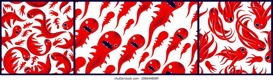 Scary horror monsters seamless vector textile pattern set, beasts creatures endless wallpaper, stylish background for Halloween theme, funny picture collection.