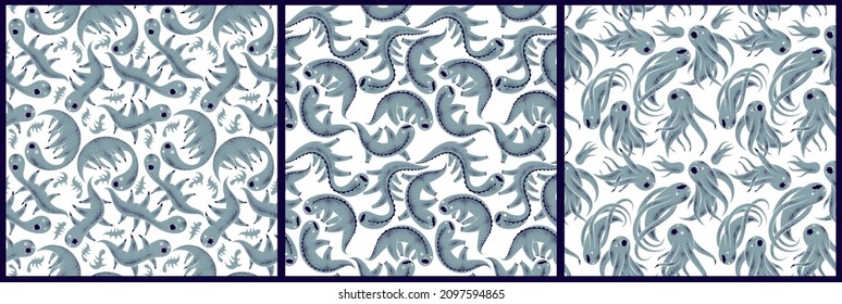 Scary horror monsters seamless vector textile pattern set, beasts creatures endless wallpaper, stylish background for Halloween theme, funny picture collection.