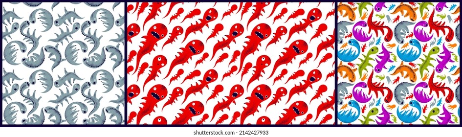 Scary horror monsters seamless vector textile pattern set, beasts creatures endless wallpaper, stylish background for Halloween theme, funny picture collection.