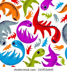 Scary horror monsters seamless vector textile pattern, beasts creatures endless wallpaper, stylish background for Halloween theme, funny picture.