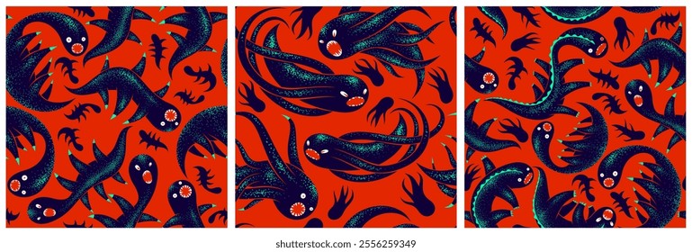 Scary horror monsters seamless vector textile pattern set, beasts creatures endless wallpaper, stylish background for Halloween theme, funny picture collection.