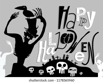scary horror stylized vector Halloween poster with text Happy Halloween, Zombie silhouette, hat, skull, crow, Cemetery. great for Halloween party invitation card, background and other prints
