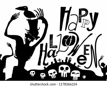 scary horror stylized vector Halloween poster with text Happy Halloween, Zombie silhouette, hat, skull, crow, Cemetery. great for Halloween party invitation card, background and other prints