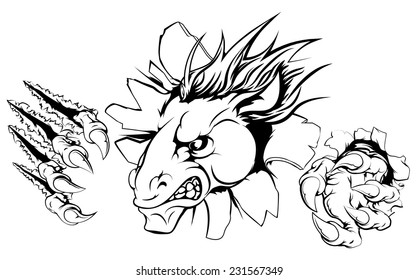 A scary horse mascot ripping through the background with sharp claws