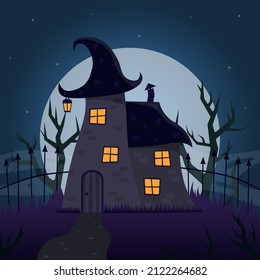 A scary house against the background of the night sky and trees. Halloween, creepy landscape. 