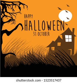 Scary house among the bush with gnarl trees and flying bats. Vector illustration of Halloween background. Editable vector image