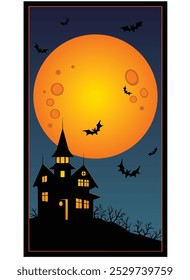 Casa assustadora, morcegos e lua cheia Halloween ilustração vertical para mídias sociais - imagem vetorial para fundo ou telefone papel de parede com morcegos, mansão assustadora e lua cheia