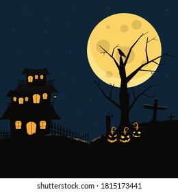 Aterradora ilustración vectorial de casa y calabazas negras. Fondo de diseño de Halloween