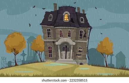 Scary house cartoon poster with horror building on raining background vector illustration