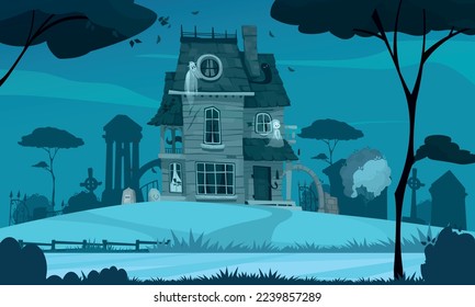 Scary house cartoon scene with horror building and cemetery on background vector illustration