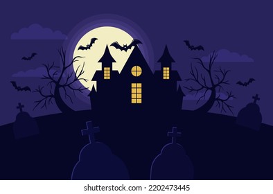 Scary house in the cemetery against the backdrop of the full moon