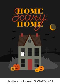 Scary house with ghost and cat against the background of the night sky. Greeting card for Halloween.