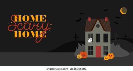 Scary house with ghost and cat against the background of the night sky. Greeting banner for Halloween.