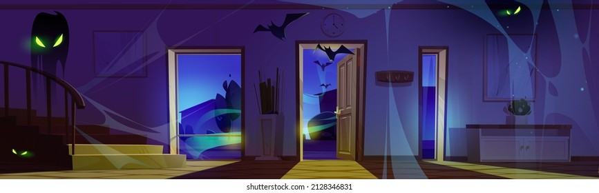 Scary house with ghosts, bats and spiderweb. Halloween illustration with abandoned haunted home at night. Vector cartoon spooky interior of dark hallway with black silhouettes of monsters